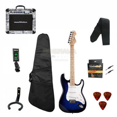 Guitarra Vogga Strato Vcg601 Azul Sb + Capa Luxo + Amplificador Mackintec E Acessorios Brinde