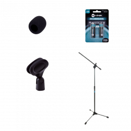Kit Acessorios P/ Microfone Sem Fio Kit C/4 Itens - Pedestal+Cachimbo+Espuma+2 Pilhas recarregaveis